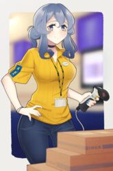  alternate_costume artist_name bad_id bad_pixiv_id barcode_scanner blue_eyes blue_hair blurry blurry_background box denim depth_of_field english_text eyebrows female gotland_(kancolle) hair_bun hand_on_own_hip highres holding ikea jeans kantai_collection long_hair mole mole_under_eye nail_polish name_tag pants psidubs shirt short_sleeves single_hair_bun smile solo twitter_username yellow_shirt 