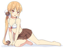  bare_arms bare_shoulders barefoot bow bow_bra bra breasts brown_eyes brown_hair brown_skirt chinese_commentary commentary_request female full_body hair_bobbles hair_ornament hatsunatsu long_hair looking_at_viewer low_twintails navel no_shirt open_mouth pleated_skirt shadow skirt small_breasts solo twintails underwear v-shaped_eyebrows very_long_hair white_background white_bra xiaoyuan_(you_can_eat_the_girl) you_can_eat_the_girl 