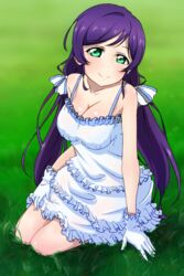  arm_at_side arm_support bare_arms bare_shoulders bow breasts cleavage closed_mouth collarbone day dress female frilled_dress frilled_gloves frills full_body gloves grass green_eyes hairbow hand_on_own_leg head_tilt large_breasts layered_dress light_blush long_hair looking_at_viewer love_live! love_live!_school_idol_project low_twintails meda on_grass outdoors purple_hair shiny_skin sitting sleeveless sleeveless_dress smile solo spaghetti_strap swept_bangs tojo_nozomi twintails very_long_hair white_dress white_gloves 