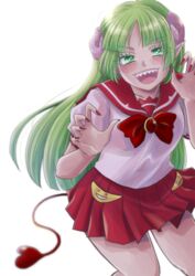  blush demon_girl female furrowed_brow green_eyes green_hair hachicoro93 highres horns mairimashita!_iruma-kun open_mouth pointy_ears red_nails red_skirt sailor_collar sharp_teeth shirt skirt smile tail teeth valac_clara white_background white_shirt 