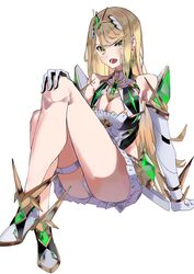  absurdres bare_shoulders blonde_hair blush breasts cleavage commentary_request dress earrings ekitabu_hosii female full_body gem gloves hand_on_own_knee headpiece highres jewelry large_breasts long_hair looking_at_viewer mythra_(xenoblade) open_mouth panties pantyshot simple_background sitting solo swept_bangs thigh_strap thighs tiara underwear white_background white_dress xenoblade_chronicles_(series) xenoblade_chronicles_2 yellow_eyes 