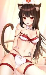  adapted_costume animal_ears bandaid bandaid_on_arm bandaid_on_stomach bandaids_on_nipples bikini breasts brown_hair cat_ears cat_tail commentary_request detached_collar female frilled_bikini frills hat heart highres katsushika_pachi layered_bikini long_hair looking_at_viewer medium_breasts navel nurse_cap original pasties pill_on_tongue red_eyes solo strap_slip swimsuit tail thighhighs tongue tongue_out white_thighhighs 