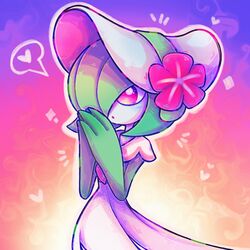  :o bonnet clothed_pokemon colored_skin commentary english_commentary female ferretidol flower gardevoir gardevoir_(fashionable) green_hair hair_ornament highres multicolored_background pokemon pokemon_(creature) pokemon_unite red_eyes solo white_headwear white_skin 