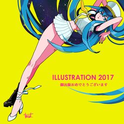  2017 arms_up asymmetrical_footwear bandaid bandaid_on_leg bangs bare_legs black_footwear blue_eyes blue_hair boots crop_top female floating_hair full_body hat high_heels illustration.media kk724 long_hair looking_at_viewer navel neckerchief original pleated_skirt shirt short_sleeves simple_background skirt solo very_long_hair white_footwear white_headwear white_shirt white_skirt yellow_background yellow_neckwear 