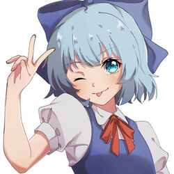  :p amaka_(maka_prsk) blue_bow blue_eyes blue_hair blue_vest bow cirno commentary_request female hairbow hand_up looking_at_viewer neck_ribbon one_eye_closed partial_commentary puffy_sleeves red_ribbon ribbon shirt short_hair simple_background solo tongue tongue_out touhou upper_body v vest white_background white_shirt 