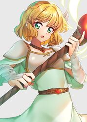  armor belt blonde_hair breastplate brown_belt brown_choker choker commentary_request dress edamameoka female fire_emblem fire_emblem:_genealogy_of_the_holy_war fire_emblem:_thracia_776 gloves green_dress green_eyes grey_background highres holding holding_staff looking_at_viewer nanna_(fire_emblem) pauldrons short_hair shoulder_armor simple_background solo staff upper_body white_gloves wing_hair_ornament 