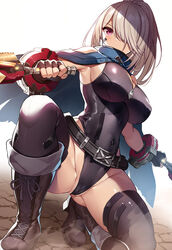  armpits belt black_belt blue_cape boots breasts cameltoe cape covered_navel dual_wielding female fingerless_gloves from_below gloves god_eater god_eater_3 hair_over_one_eye high_heel_boots high_heels high_ponytail highleg highleg_leotard holding holding_weapon large_breasts leotard pink_eyes player_(god_eater_3) ponytail solo squatting thick_thighs thighhighs thighs weapon white_background wrist_cuffs xe_(execut3r) zipper_pull_tab 