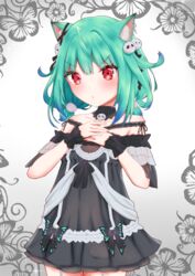  absurdres animal_ears black_dress blue_hair butterfly_background cat_ears cat_girl commentary_request cowboy_shot detached_collar dress female garter_straps ghost_hair_ornament gradient_hair green_hair hair_ornament highres hololive low_twintails matcha_amigo multicolored_hair o3o official_alternate_costume red_eyes short_dress short_hair skull_hair_ornament solo twintails uruha_rushia uruha_rushia_(3rd_costume) virtual_youtuber wrist_cuffs 