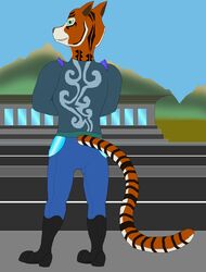  absurd_res anthro ass biker boots carnivoran clothing dalmas felid feline footwear hi_res male mammal muscular muscular_anthro muscular_male pantherine road shaigen_gurbadelen(oc) solo tiger tramway warrior 