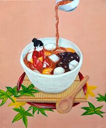  absurdres acrylic_paint_(medium) anmitsu_(dessert) bad_id bad_pixiv_id black_hair commentary female food hair_bun highres in_food leaf mini_person minigirl original painting_(medium) pink_background plate qurage single_hair_bun solo spoon traditional_media wide_shot 