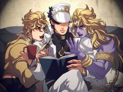  3boys armband black_hair book bracelet coat coffee_mug colored_skin couch cup diamond_wa_kudakenai dio_brando dual_persona facial_mark hat headband heaven_ascended_dio jacket jewelry jojo_no_kimyou_na_bouken jojo_no_kimyou_na_bouken:_eyes_of_heaven kujo_jotaro less_end lipstick long_coat makeup male_focus mug multiple_boys purple_skin reading scar scar_on_neck shaded_face shoulder_belt stardust_crusaders turtleneck white_coat yellow_jacket 