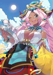  bad_id bad_pixiv_id bangle blue_eyes bracelet breasts chalice cleavage commentary_request crown cup dark-skinned_female dark_skin detached_sleeves female gochiwa hathor_(p&amp;d) highres holding holding_tray horns jewelry large_breasts long_hair mug necklace one_eye_closed open_mouth pink_hair puzzle_&amp;_dragons skirt solo sun tray very_long_hair 