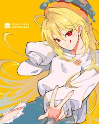  blonde_hair blush female hamburger_hat highres illustluce jingburger korean_commentary long_hair long_sleeves looking_at_viewer pants red_eyes shirt solo tongue tongue_out virtual_youtuber waktaverse white_shirt yellow_background 