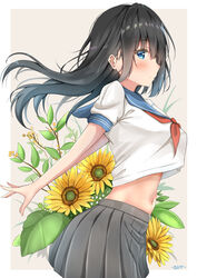  bad_id bad_pixiv_id blue_eyes blush breasts commentary_request crop_top crop_top_overhang female flower from_side frown grey_skirt highres large_breasts long_hair looking_at_viewer midriff navel original pleated_skirt profile school_uniform serafuku short_sleeves skirt solo sunflower sunsun2812 