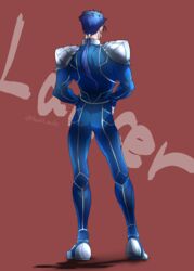  1boy armor ass back bad_id bad_pixiv_id beads blue_hair bodysuit character_name cu_chulainn_(fate) cu_chulainn_(fate/stay_night) earrings fate/stay_night fate_(series) from_behind full_body hair_beads hair_ornament hands_on_own_hips hyouki_(gamo835-zard) jewelry long_hair male_focus muscular muscular_male pauldrons ponytail shoulder_armor simple_background skin_tight solo spiked_hair standing twitter_username 