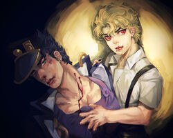  aged_down birthmark bite_mark bitten black_hair blood blood_in_mouth chains dio_brando ear_birthmark fangs gakuran green_eyes hat jojo_no_kimyou_na_bouken kujo_jotaro less_end lolicon nosebleed phantom_blood red_eyes school_uniform stardust_crusaders suspenders time_paradox vampire 