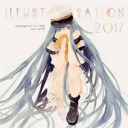  2017 absurdly_long_hair asymmetrical_footwear black_footwear blue_hair boots crop_top female grey_eyes hands_up hat high_heels illustration.media knees_up long_hair looking_at_viewer mouth_hold neckerchief niwa_haruki original pleated_skirt shirt short_sleeves simple_background skirt solo very_long_hair white_background white_footwear white_headwear white_shirt white_skirt yellow_neckwear 