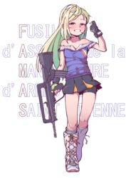  assault_rifle bare_shoulders bike_shorts bike_shorts_under_skirt blonde_hair blue_eyes blush boots bullpup character_name contrapposto cross-laced_footwear famas famas_(forest_whisperer_and_birds)_(girls&#039;_frontline) famas_(girls&#039;_frontline) female fingerless_gloves french_text full_body girls&#039;_frontline gloves grey_socks gun highres jarv knee_boots lace-up_boots long_hair looking_at_viewer loose_socks pointing pointing_at_self rifle smile socks solo weapon white_background 