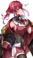  ascot bad_id bad_twitter_id bare_shoulders blush breasts brooch choker cleavage female frilled_choker frilled_shirt_collar frills gloves hair_ribbon heterochromia highres hololive houshou_marine houshou_marine_(1st_costume) jacket jewelry large_breasts leotard leotard_under_clothes long_hair moonbell pleated_skirt red_ascot red_eyes red_hair red_jacket red_ribbon red_skirt ribbon see-through see-through_cleavage skirt solo thighhighs twintails virtual_youtuber white_background white_gloves yellow_eyes zettai_ryouiki 