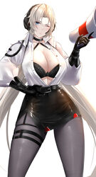  absurdres azur_lane belt black_belt black_bra black_choker black_gloves black_skirt blonde_hair blue_eyes bra breasts choker cleavage closed_mouth collarbone collared_shirt commentary cowboy_shot cuffs elbow_gloves female gloves grey_pantyhose hair_between_eyes hand_on_own_hip handcuffs headset high-waist_pantyhose high-waist_skirt highres holding holding_megaphone impossible_hair irkawaza kronshtadt_(azur_lane) kronshtadt_(begin_the_rush!)_(azur_lane) large_breasts long_hair long_sleeves looking_at_viewer megaphone miniskirt mole mole_on_breast official_alternate_costume one_eye_closed open_clothes open_shirt pantyhose parted_bangs pencil_skirt shirt sidelocks simple_background skindentation skirt solo standing stomach thigh_strap underwear very_long_hair white_background white_shirt 