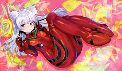  absurdres animal_ear_fluff animal_ears blue_eyes bodysuit breasts cosplay female full_body grey_hair hair_between_eyes highres kuka long_hair looking_at_viewer neon_genesis_evangelion original pilot_suit plugsuit red_bodysuit skin_tight small_breasts smile solo souryuu_asuka_langley souryuu_asuka_langley_(cosplay) v 