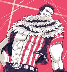  1boy abs bare_pectorals belt charlotte_katakuri covered_mouth gloves hand_on_own_hip highres large_pectorals living_(pixiv5031111) male_focus muscular muscular_male one_piece open_clothes open_vest pants pectorals photoshop_(medium) scar scarf scarf_over_mouth short_hair simple_background solo spikes stitches tattoo vest 