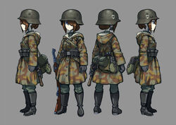  belt black_footwear black_gloves blue_eyes bolt_action boots brown_hair camouflage camouflage_coat canteen coat combat_helmet commentary commission english_commentary erica_(naze1940) female full_body fur_trim gloves green_pants grey_background gun hair_bun hair_over_one_eye helmet hood hood_down hooded_coat mauser_98 medium_hair military military_uniform multiple_views nazi original pants rifle simple_background single_hair_bun ss_insignia stahlhelm uniform waffen-ss weapon world_war_ii 