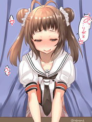  black_necktie blush brown_eyes brown_hair double_bun female hair_bun hair_ornament highres implied_sex kantai_collection long_hair looking_away medium_hair naka_(kancolle) naka_kai_ni_(kancolle) necktie open_mouth school_uniform see-through serafuku smile solo takase_muh 