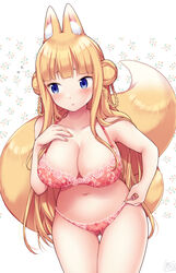  animal_ears ass_visible_through_thighs blonde_hair blue_eyes blush bow bow_panties bra braid breasts cleavage closed_mouth collarbone commentary_request double_bun female fox_ears fox_tail hair_bun hand_on_own_chest highres lace lace-trimmed_bra lace-trimmed_panties lace_trim lips long_hair miyano_ururu multiple_tails navel original panties red_bra red_nails red_panties simple_background solo standing tail thigh_gap twin_braids underwear underwear_only very_long_hair 