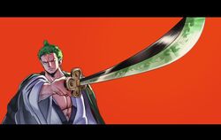  1boy abs earrings fighting_stance green_hair japanese_clothes jewelry katana kimono letterboxed living_(pixiv5031111) looking_at_viewer male_focus muscular muscular_male official_alternate_costume official_alternate_hairstyle one_eye_closed one_piece red_background roronoa_zoro samurai scar scar_across_eye scar_on_face short_hair simple_background solo sword topknot upper_body weapon 