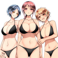  3girls alternate_costume bad_id bad_pixiv_id bikini black_bikini black_nails blue_hair blush breasts brown_eyes brown_hair cleavage collarbone halterneck hayami_kanade highres hitofudegaki_usagi hojo_karen holding_another&#039;s_arm idolmaster idolmaster_cinderella_girls large_breasts long_hair looking_at_viewer mifune_miyu multiple_girls nail_polish navel ponytail red_eyes red_hair short_hair sidelocks simple_background stomach swimsuit white_background yellow_eyes 