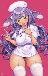  animal_ear_fluff animal_ears ass_visible_through_thighs black_panties blush breasts commentary_request covered_navel dark-skinned_female dark_skin dress ear_piercing earrings female garter_straps gyaru hat highres hoop_earrings jewelry kogal large_breasts lips long_hair looking_at_viewer miyano_ururu mole mole_under_eye nurse nurse_cap open_mouth original panties piercing purple_hair purple_nails rabbit_ears rabbit_tail red_background ring short_dress short_sleeves simple_background skindentation solo standing syringe tail thick_thighs thighhighs thighs thumb_ring tongue tongue_out tongue_piercing underwear white_dress white_garter_straps white_thighhighs yellow_eyes 