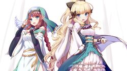  2girls ascot black_bow blonde_hair blue_eyes blush bow bracelet braid braided_ponytail breasts brown_hair cape commentary_request dress elf gem gold_bracelet habit hair_up hairbow highres jewelry long_hair misato_(princess_connect!) multiple_girls pointy_ears priestess princess_connect! saren_(princess_connect!) sword tenrai weapon white_dress 