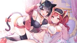  2girls animal_ears anthro ayuma_sayu azur_lane bed breasts brown_hair catgirl cleavage collar i-19_(azur_lane) long_hair mask navel pajamas purple_hair short_hair shorts tail thighhighs third-party_edit twintails underboob yamashiro_(azur_lane) 