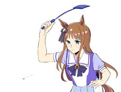  animal_ears arm_up blue_eyes bright_pupils brown_hair bug closed_mouth female fly flyswatter grass_wonder_(umamusume) highres horse_ears horse_girl horse_tail long_hair motion_lines mustard_(rituakapakopako) puffy_short_sleeves puffy_sleeves purple_shirt sailor_collar school_uniform shirt short_sleeves simple_background skirt solo tail tracen_school_uniform umamusume upper_body white_background white_pupils white_skirt 