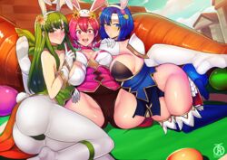  3girls alternate_breast_size animal_ears ass blue_eyes blue_hair blush breasts carrot catria_(fire_emblem) catria_(spring)_(fire_emblem) cleavage closed_mouth cloud commentary day elbow_gloves english_commentary est_(fire_emblem) est_(spring)_(fire_emblem) fake_animal_ears fake_tail fire_emblem fire_emblem:_mystery_of_the_emblem fire_emblem_heroes flower from_side gloves green_eyes green_hair hair_flower hair_ornament headband highres large_breasts leotard long_hair looking_to_the_side multiple_girls open_mouth outdoors palla_(fire_emblem) palla_(spring)_(fire_emblem) pink_eyes pink_hair rabbit_ears rabbit_tail revolverwing short_hair siblings sisters sky smile spread_legs tail white_gloves white_headband white_legwear 