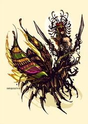  ant ant_girl arthropod_girl baroquegothik breasts bug crown dual_wielding english_commentary extra_eyes female full_body holding holding_sword holding_weapon insect_wings maya_(ragnarok_online) medium_breasts monster monster_girl pincers ragnarok_online red_eyes simple_background solo standing sword weapon wings yellow_background 