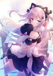  :t amane_kurumi anchor_hair_ornament animal_ear_headphones animal_ears animal_hands azur_lane bare_shoulders black_gloves black_skirt black_sleeves blue_eyes blush bow cat_ear_headphones cat_ears cat_tail closed_mouth commentary_request criss-cross_halter crop_top detached_sleeves fake_animal_ears female frilled_sleeves frills fur-trimmed_gloves fur_collar fur_trim gloves grey_hair hair_ornament halterneck hammann_(azur_lane) hammann_(hammanyan_pawnch!)_(azur_lane) headphones highres long_hair looking_at_viewer looking_to_the_side midriff paw_gloves pleated_skirt pout puffy_short_sleeves puffy_sleeves short_sleeves skirt solo star_(symbol) star_hair_ornament tail thighhighs two_side_up very_long_hair white_bow white_thighhighs window 