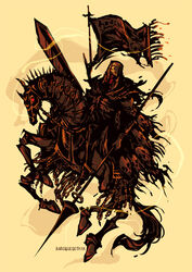  1other abysmal_knight armor artist_name baroquegothik black_cape cape demon english_commentary extra_eyes flag flagpole full_body helmet holding holding_polearm holding_sword holding_weapon horse horseback_riding lance monster polearm ragnarok_online red_eyes riding simple_background sword weapon yellow_background 