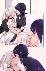  2girls au_ra bare_shoulders black_hair black_legwear blush breasts cheeze_(akizone) closed_eyes commentary final_fantasy final_fantasy_xiv horns kissing medium_breasts multicolored_hair multiple_girls off-shoulder_jacket off_shoulder open_mouth purple_hair red_eyes renz_(rirene_rn) rirene_rn shirt short_hair shorts sitting symbol-only_commentary thighhighs two-tone_hair warrior_of_light_(ff14) white_hair white_shorts white_thighhighs yellow_eyes yuri 