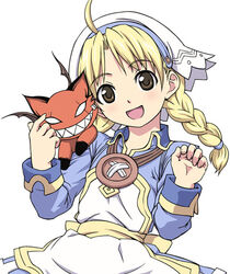  :d ahoge apron blonde_hair blue_dress braid brown_eyes buttons commentary creature creature_on_shoulder dorothy_(over_zenith) dress female hands_up head_scarf head_tilt jimo_(786706) long_hair long_sleeves looking_at_viewer on_shoulder open_mouth over_zenith simple_background smile solo toto_(over_zenith) twin_braids white_background 