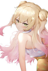  bare_shoulders blonde_hair commentary_request double_bun female flower from_behind gradient_hair green_eyes hair_bun hair_flower hair_ornament halter_shirt halterneck highres hololive long_hair looking_at_viewer momosuzu_nene momosuzu_nene_(old_design) multicolored_hair pink_hair sheiou simple_background solo two-tone_hair two_side_up virtual_youtuber white_background 