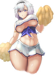  :o armlet azur_lane black_hairband blush breasts cheerleader commentary_request cowboy_shot cropped_legs female from_below grey_hair hair_between_eyes hairband hand_up highres holding holding_pom_poms large_breasts looking_at_viewer microskirt midriff miniskirt moppo navel official_alternate_costume pleated_skirt pom_pom_(cheerleading) purple_eyes purple_sash reno_(azur_lane) reno_(biggest_little_cheerleader)_(azur_lane) sash shirt short_hair sidelocks simple_background skirt sleeveless sleeveless_shirt solo standing underboob white_background white_skirt 