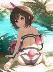  animal_ears ass barefoot bikini blush brown_eyes brown_hair bullpup butt_crack closed_mouth commentary_request ek_masato feet female from_behind gun highres llenn_(sao) looking_at_viewer looking_back outdoors p-chan_(p90) p90 palm_tree photoshop_(medium) pink_weapon rabbit_ears rabbit_tail short_hair sitting smile soles solo sparkle submachine_gun swimsuit sword_art_online sword_art_online_alternative:_gun_gale_online tail tree wariza water weapon 