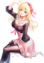  :d arm_up black_hairband black_pantyhose black_shirt blonde_hair blue_eyes blush bow breasts cleavage commentary_request feet_out_of_frame female from_side hair_between_eyes hairband hairbow high-waist_skirt highres long_hair long_sleeves looking_at_viewer looking_to_the_side medium_breasts open_mouth original pantyhose photoshop_(medium) pink_skirt puffy_long_sleeves puffy_sleeves red_bow ririko_(zhuoyandesailaer) saegusa_futaba sailor_collar shirt short_eyebrows simple_background sitting skirt smile solo teeth thick_eyebrows tiara upper_teeth_only white_background white_sailor_collar 