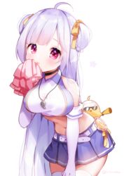  :t ahoge animal azur_lane bad_id bad_pixiv_id bare_shoulders belt belt_buckle bird black_choker blue_skirt blush bow braid breasts buckle cheerleader chick choker closed_mouth crop_top cygnet_(azur_lane) cygnet_(royal_fanfare)_(azur_lane) double_bun elbow_gloves female gloves hair_bun hairbow holding large_breasts leaning_forward looking_at_viewer maeha manjuu_(azur_lane) megaphone midriff navel official_alternate_costume pleated_skirt pom_pom_(cheerleading) red_eyes shirt simple_background skirt solo sunglasses thighhighs twitter_username whistle whistle_around_neck white_background white_belt white_gloves white_hair white_shirt white_thighhighs yellow_bow 