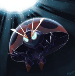  commentary creature english_commentary full_body full_moon gen_8_pokemon gooompy highres moon moonlight night night_sky no_humans orbeetle outdoors pokemon pokemon_(creature) signature sky solo 