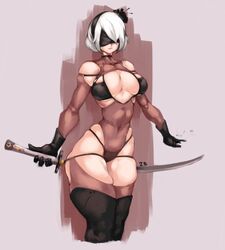  2b_(nier:automata) absurdres alternate_costume black_blindfold black_flower black_footwear black_gloves black_hairband black_panties black_rose blindfold boots breasts character_name cleavage commentary covered_eyes covered_navel cowboy_shot cropped_legs detached_sleeves female fishnet_leotard fishnet_sleeves fishnet_thighhighs fishnets flower gloves hair_flower hair_ornament hairband highleg highleg_leotard highres hip_vent holding holding_sword holding_weapon katana kelvin_hiu large_breasts leotard narrow_waist navel nier:automata nier_(series) panties panties_under_leotard plump revealing_clothes reverse_grip rose short_hair shrug_(clothing) skindentation solo standing sword thick_thighs thigh_boots thighhighs thighhighs_under_boots thighs toned underwear weapon white_hair 