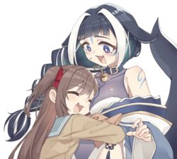  2girls :d =_= absurdres ahoge animal_collar animal_ears bare_shoulders bell belt_collar between_breasts black_hair blue_collar blue_eyes blue_sailor_collar blunt_bangs blush body_markings braid braided_ponytail breast_pillow breasts bright_pupils brown_cardigan brown_hair cardigan casual_one-piece_swimsuit cetacean_tail cleavage collar criss-cross_halter detached_sleeves facial_mark fins fish_tail flustered hair_between_eyes halterneck height_difference highres hug indie_virtual_youtuber large_breasts long_hair multicolored_hair multiple_girls neck_bell neuro-sama one-piece_swimsuit orca_girl purple_eyes rune_(dualhart) sailor_collar school_uniform see-through see-through_cleavage see-through_swimsuit shylily shylily_(3rd_costume) single_braid smile streaked_hair sweatdrop swimsuit tail transparent_background two_side_up upper_body virtual_youtuber white_hair white_one-piece_swimsuit white_pupils 