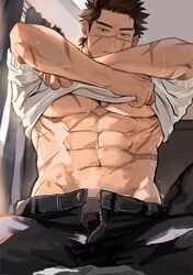  1boy abs absurdres alternate_costume bara black_male_underwear black_pants brown_eyes brown_hair casual clothes_lift feet_out_of_frame golden_kamuy highres large_pectorals lifting_own_clothes looking_at_viewer male_focus male_underwear male_underwear_peek muscular muscular_male open_pants pants pectorals scar scar_on_cheek scar_on_face scar_on_mouth scar_on_nose shirt shirt_lift short_hair sitting solo spiked_hair sugimoto_saichi sweat thick_eyebrows ton_(ton19130318) underpec underwear unzipped white_shirt zipper 